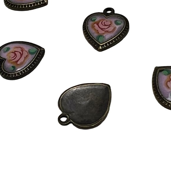 8 Vintage Pink Rose Enamel Heart Charms Findings Jewelry Making Supplies Destash - Picture 5 of 9